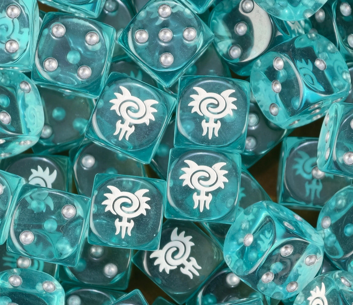 A pile of clear aqua Idoneth D6 with pearl pips and white tridents