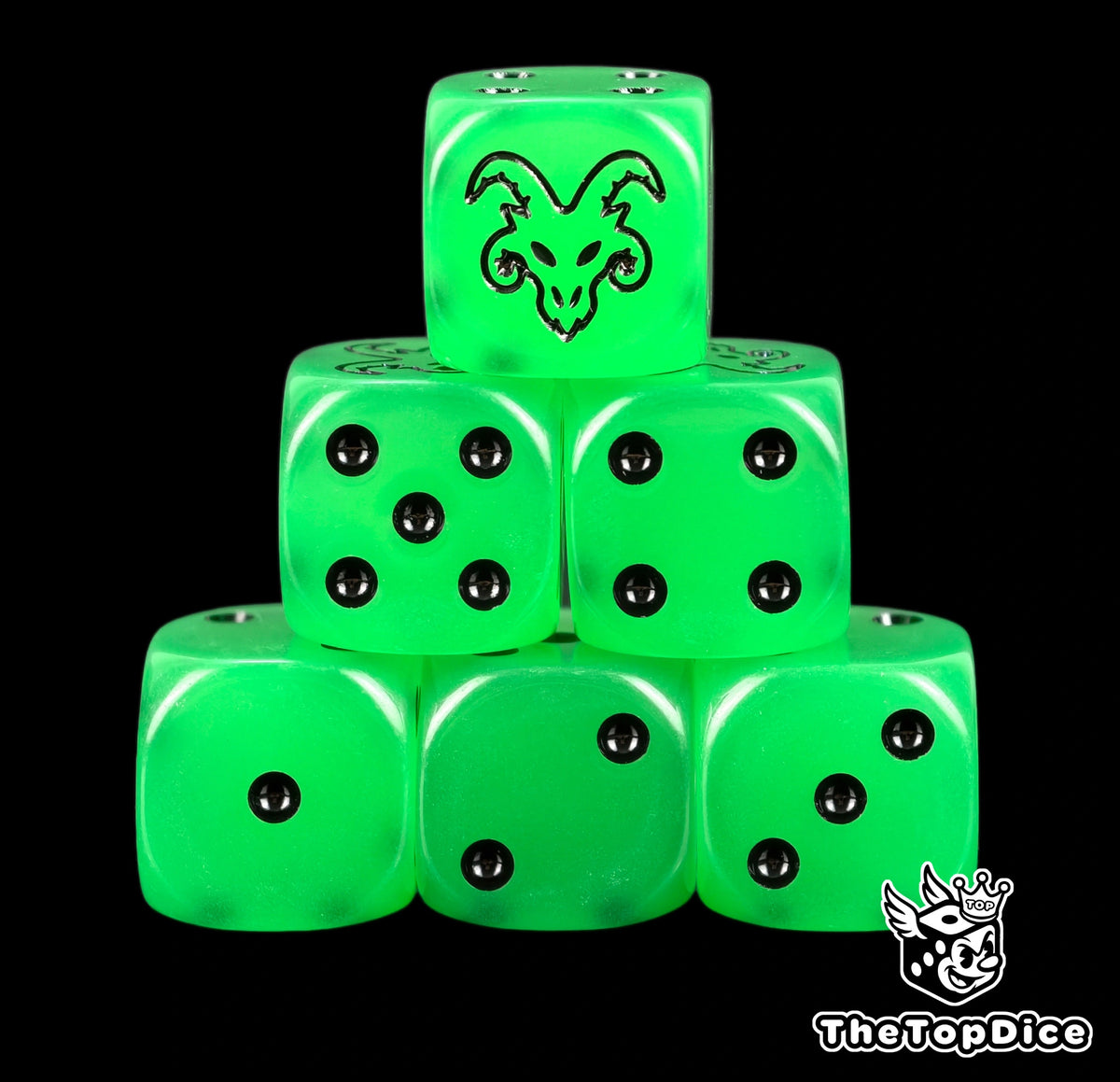 Six glow in the dark Skaven dice stacked, black horned rat above black pips