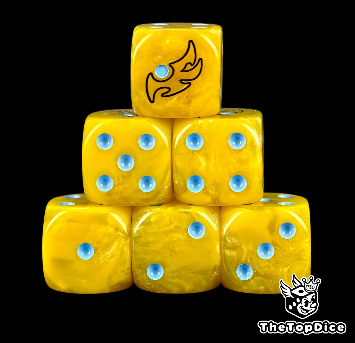 Six gold Protoss D6 stacked, ice blue pips and a black Khala sigil