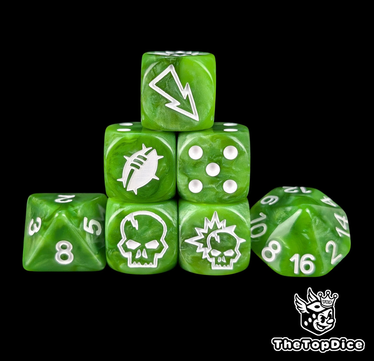 Green fantasy football dice set of seven 16mm resin dice with white logos for tabletop matches