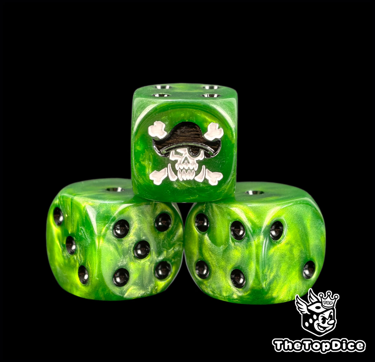 Three green ork pirate dice with a white skull, hat and eyepatch