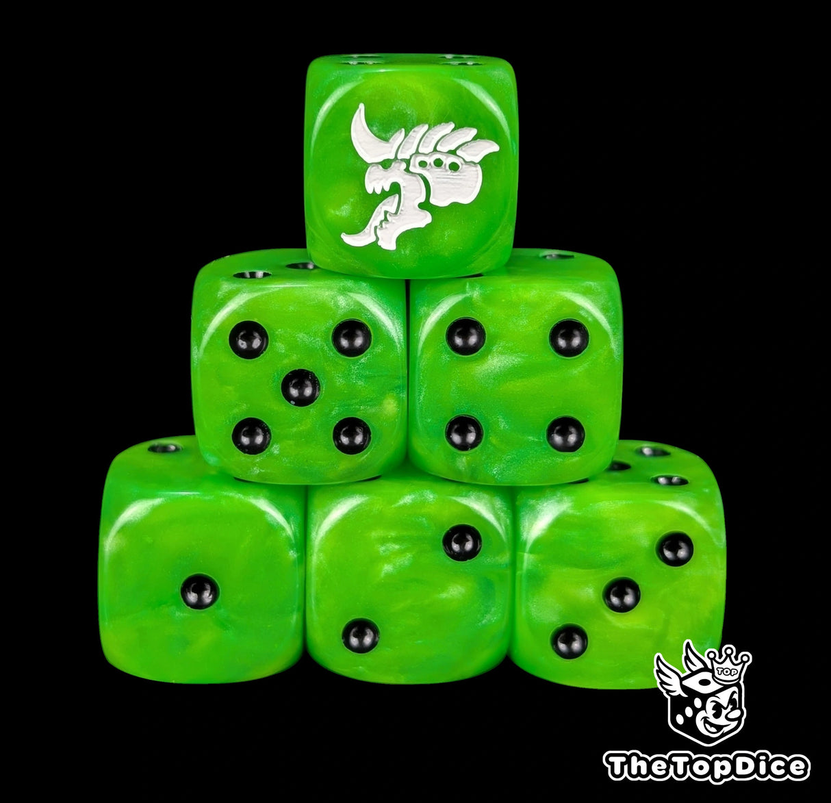 Green 16mm D6 dice with a white hive alien head emblem and black pips for sci-fi wargaming