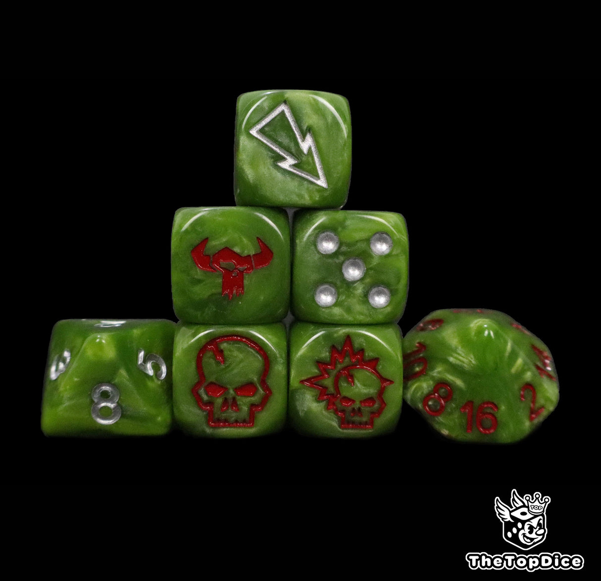 Green orc fantasy football dice set of seven 16mm resin dice compatible with Blood Bowl