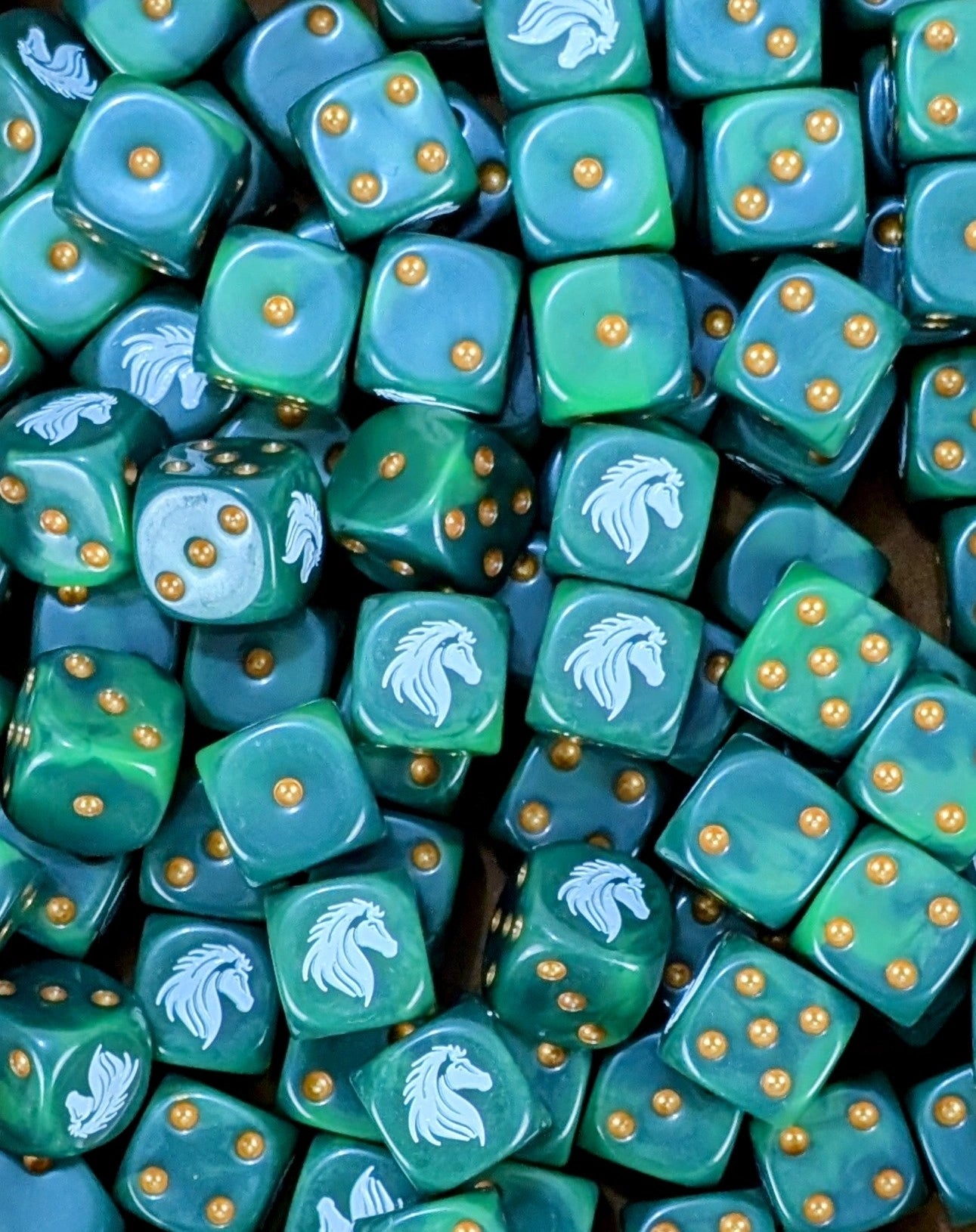 Pile of green rider horse 16mm D6 dice for a fantasy cavalry miniature army