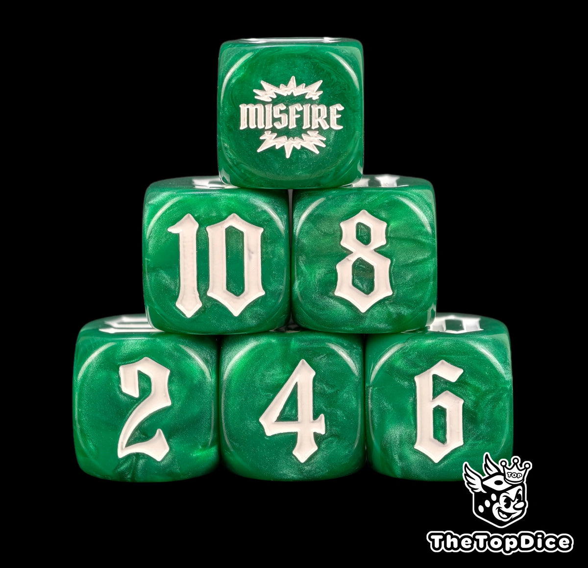 Emerald green artillery dice stacked six high, 2, 4 and 6 across the bottom row
