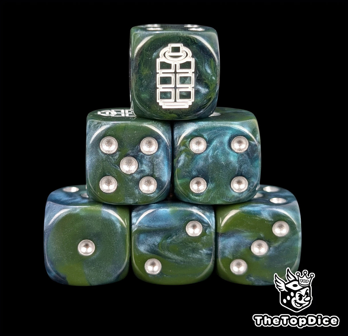 Green and blue resin D6 dice with a white grenade emblem and silver pips