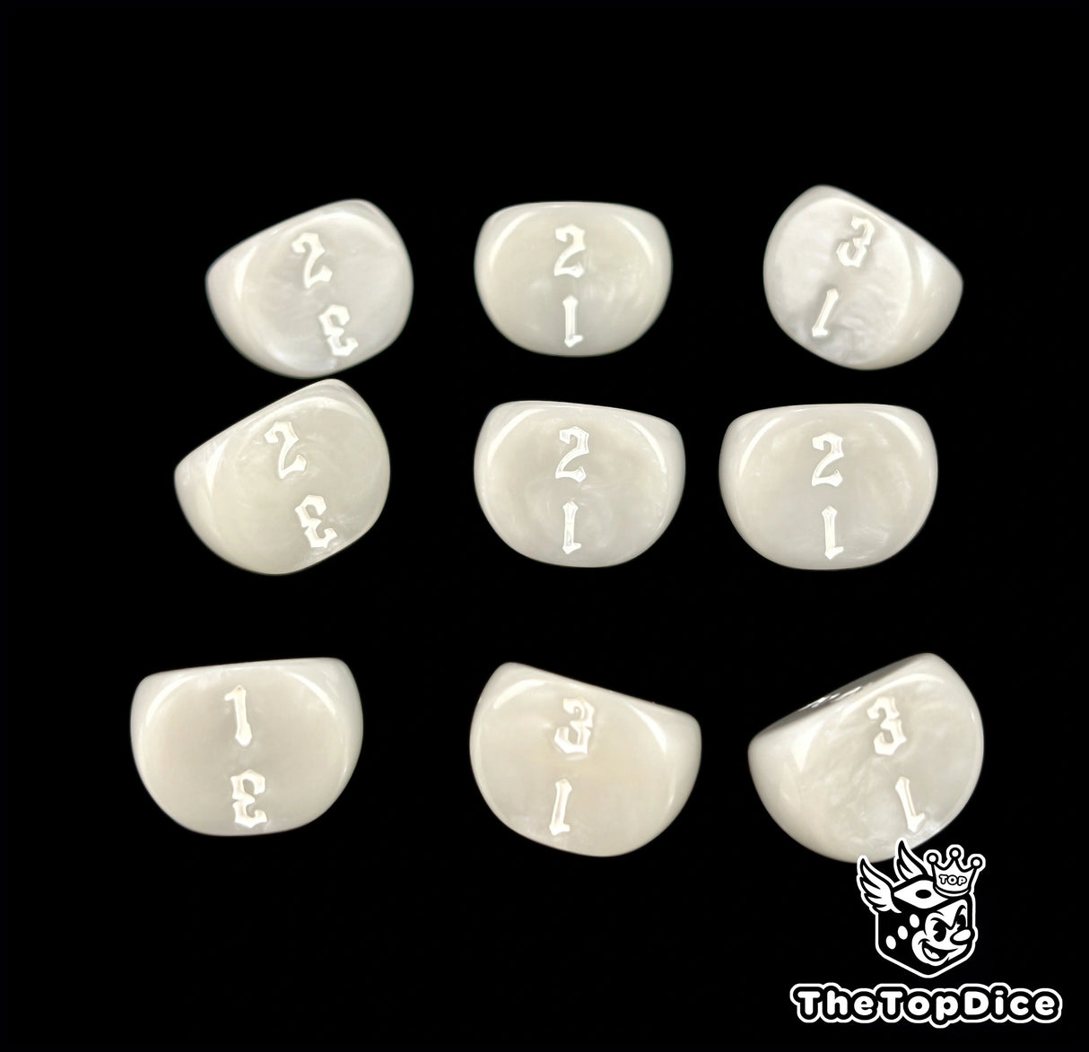 Three rows of three warm grey D3 dice, white numbers 1 to 3 engraved