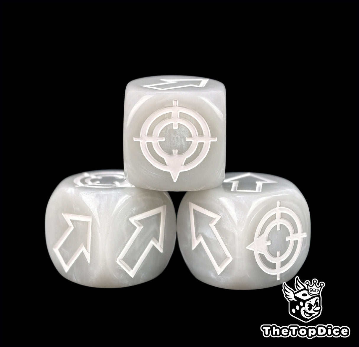 White edges holding sharp against grey resin, three 16mm scatter dice at close range