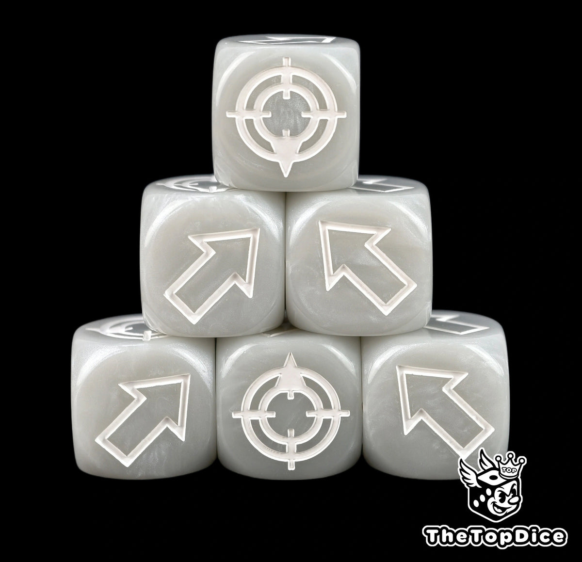 Gunmetal grey scatter dice in a stack of six, white arrows crisp on a quiet body