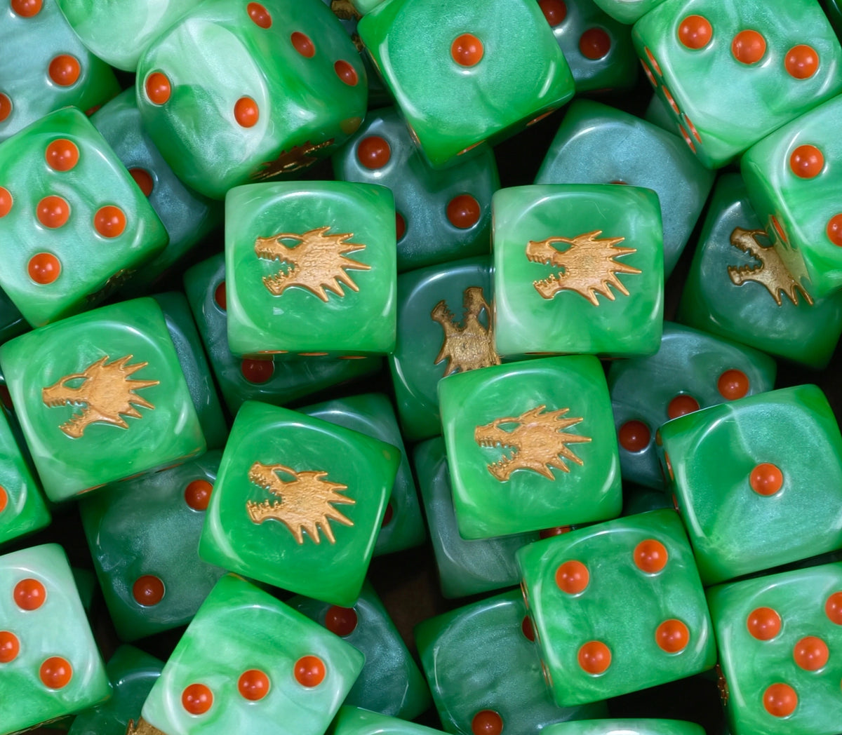 A pile of jade green Salamanders D6 with red pips and gold drakes