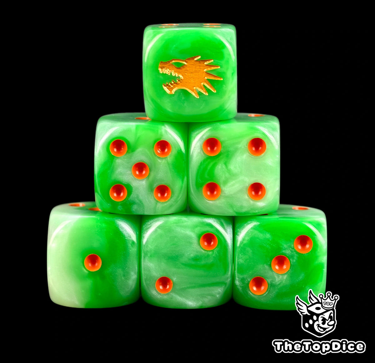 Six jade green Salamanders D6 stacked, red pips and a gold drake