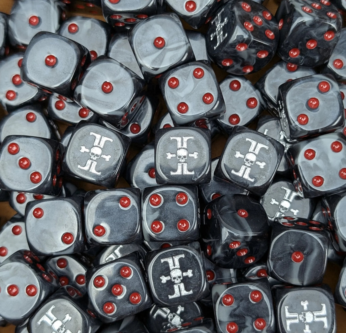 Pile of black and grey inquisition 16mm D6 dice for a sci-fi kill squad