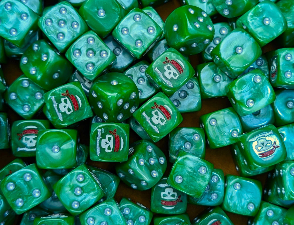 Pile of jungle green commando 16mm D6 dice for a sci-fi jungle army