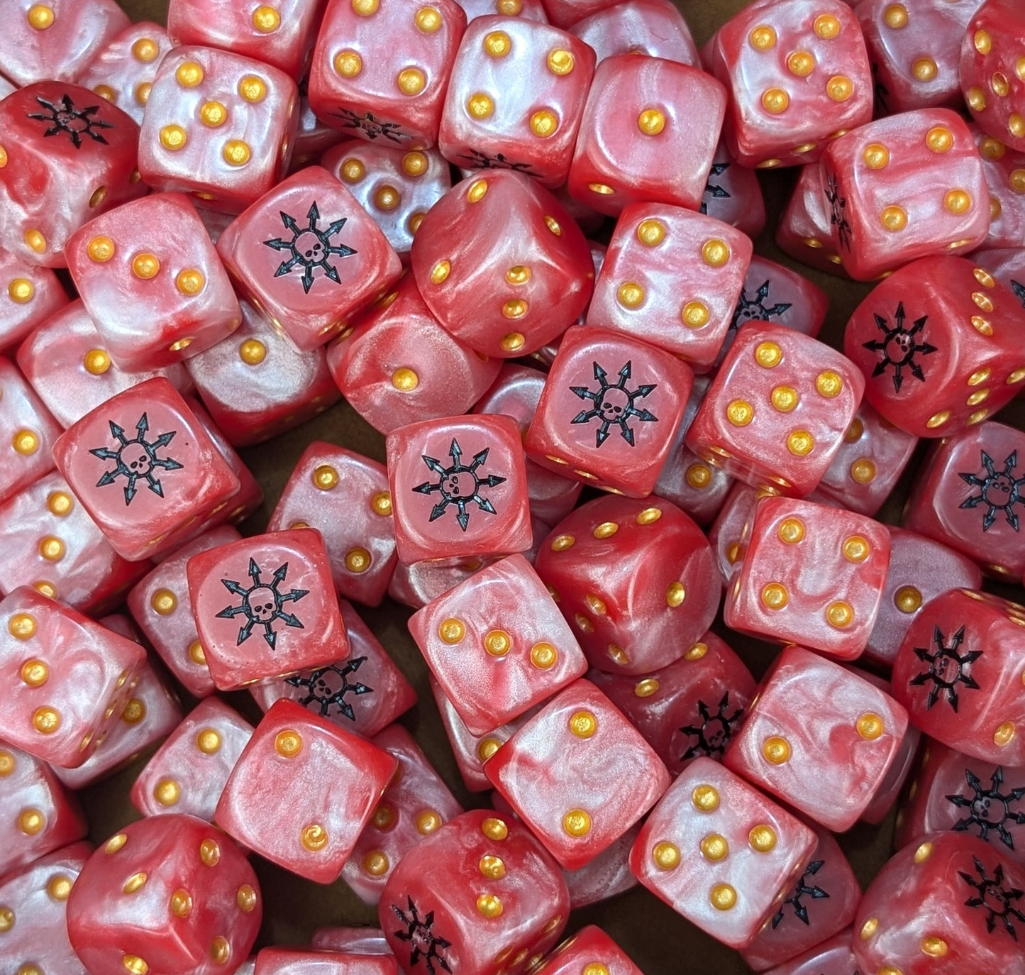 Custom red, white and black dice for Warhammer chaos forces
