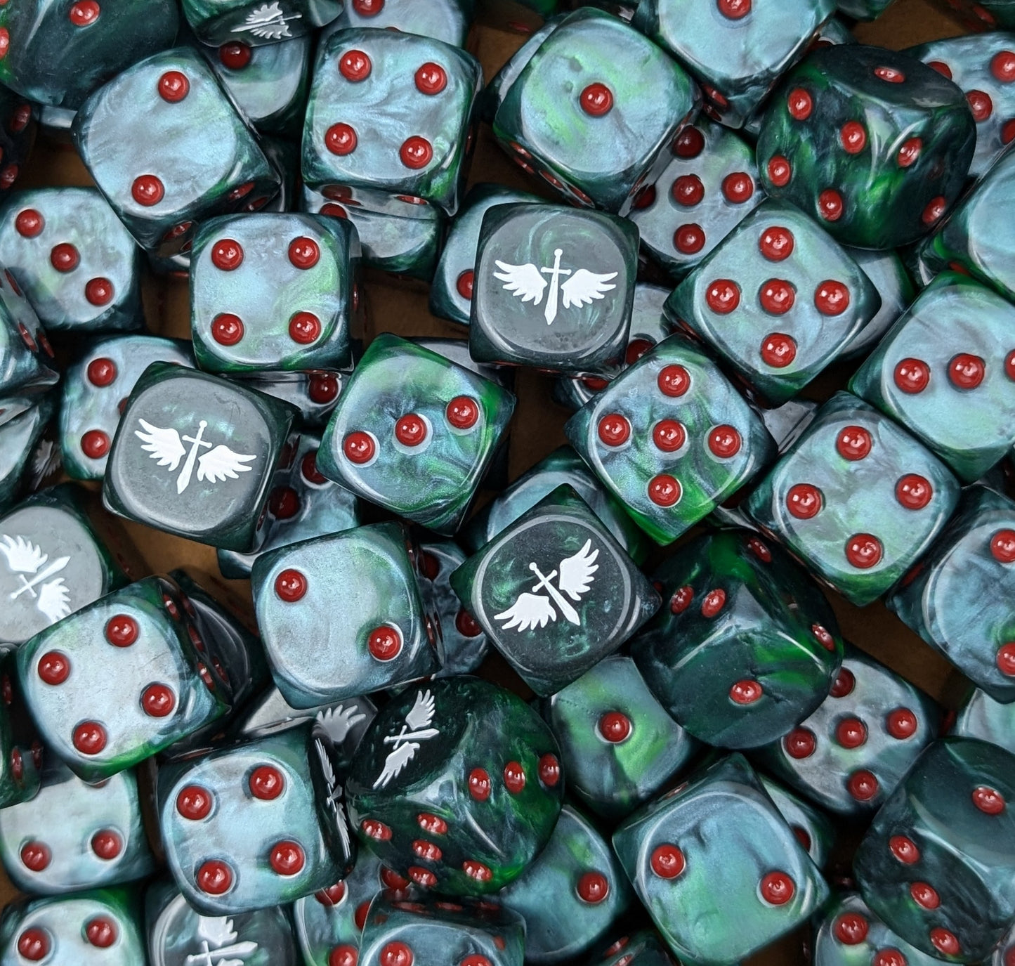 Custom green, white and red dice for Warhammer Dark Angels forces