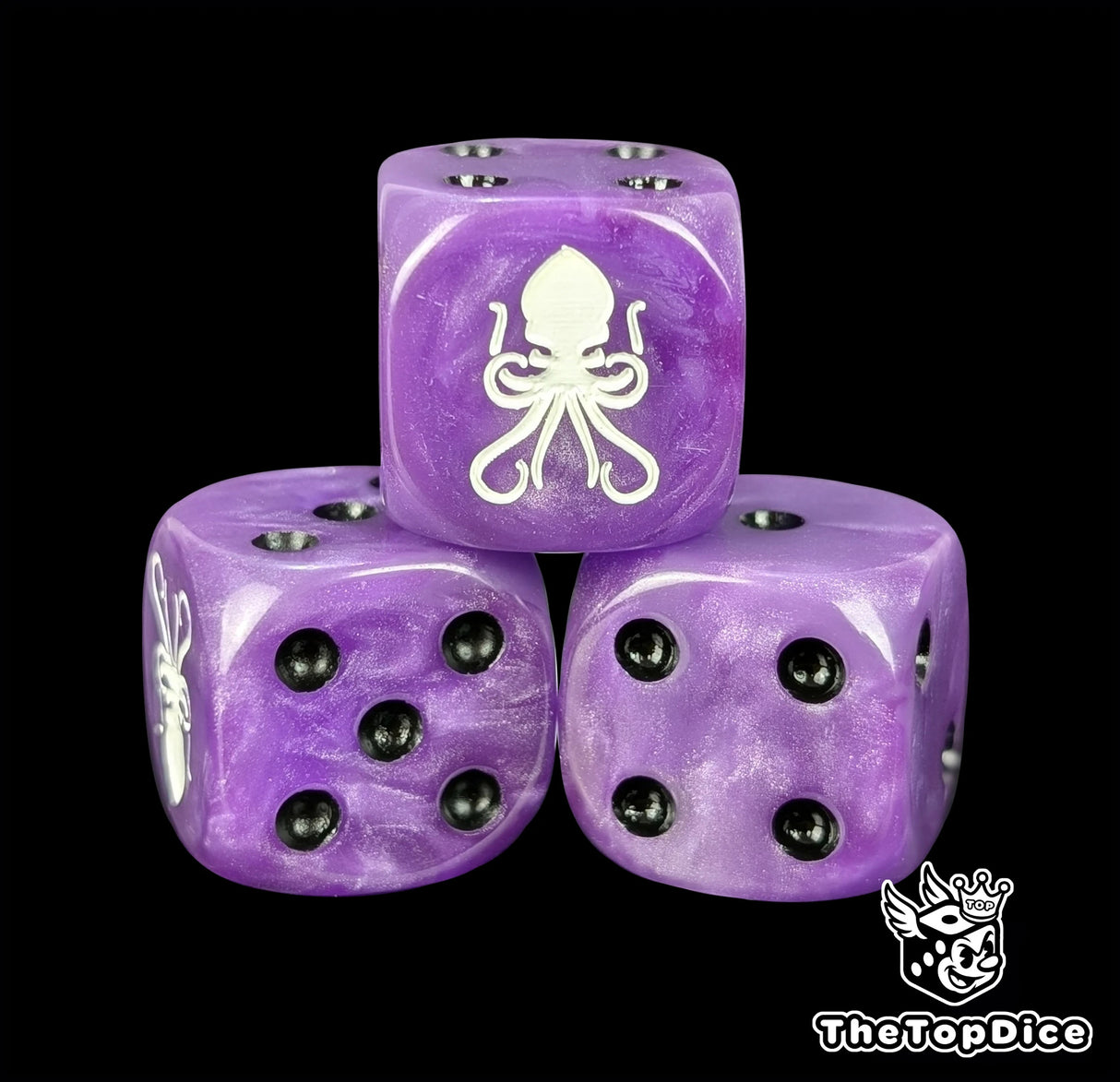 Close-up of a purple D6 die with a white kraken