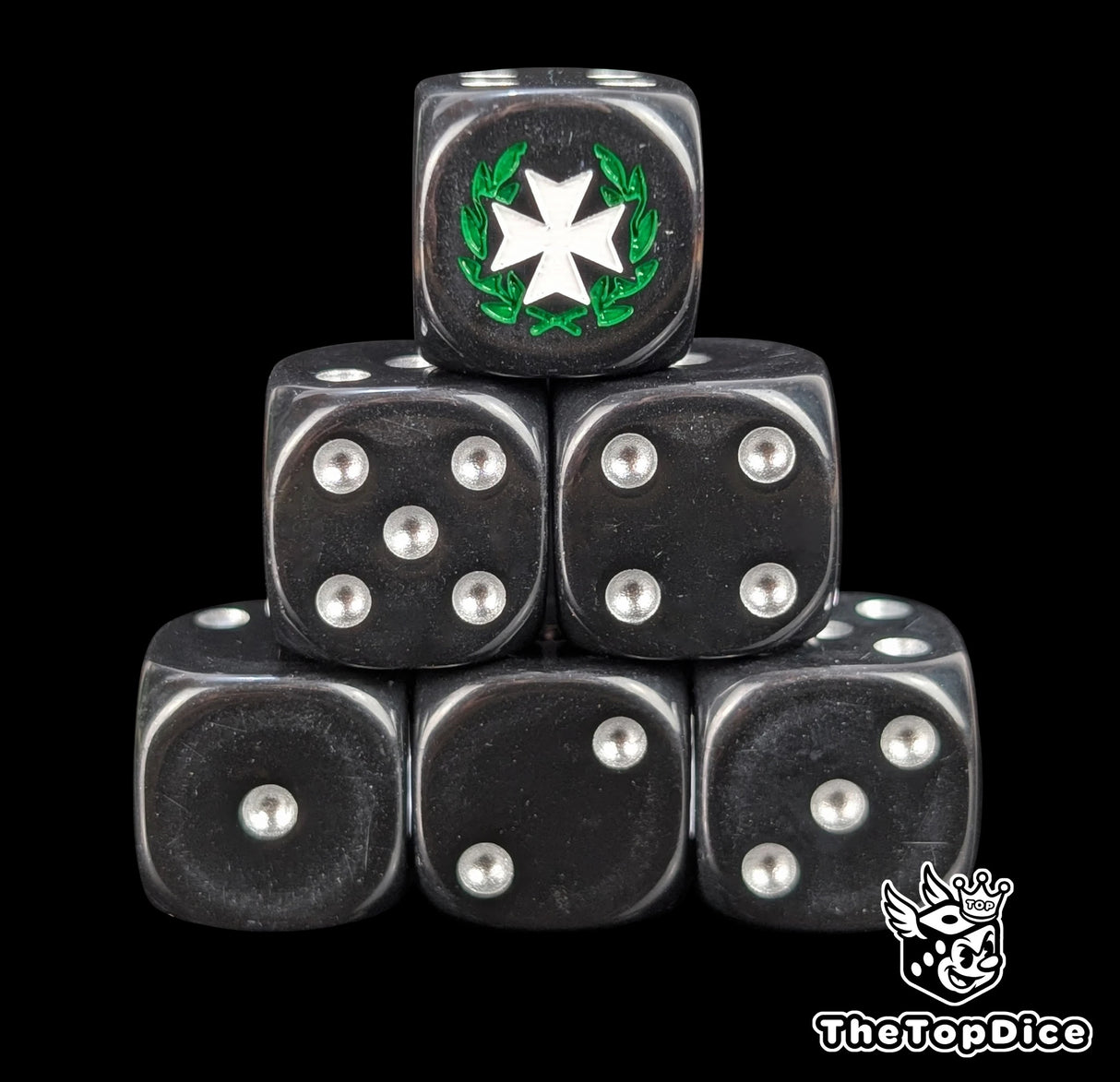 Black 16mm D6 dice with a white cross and green laurel emblem and silver pips for sci-fi wargaming