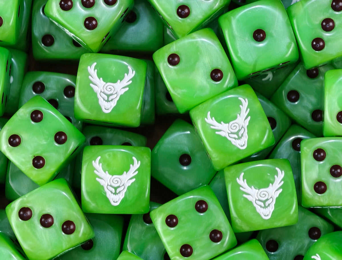 A pile of lime green Sylvaneth D6 with brown pips and tree faces