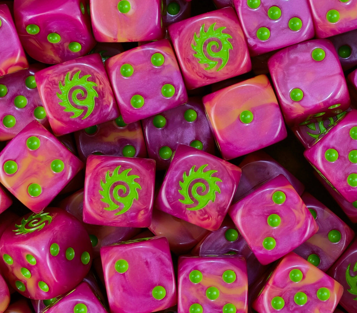 A full pile of pink Zerg D6 with green pips and swarm spirals