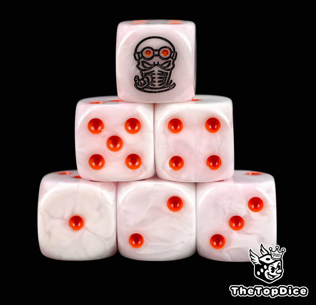 Six pale pink Genestealer Cult D6 stacked, masked face, orange pips
