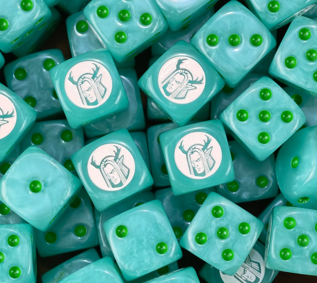 A pile of mint green Sylvaneth D6 with white antlered spirits