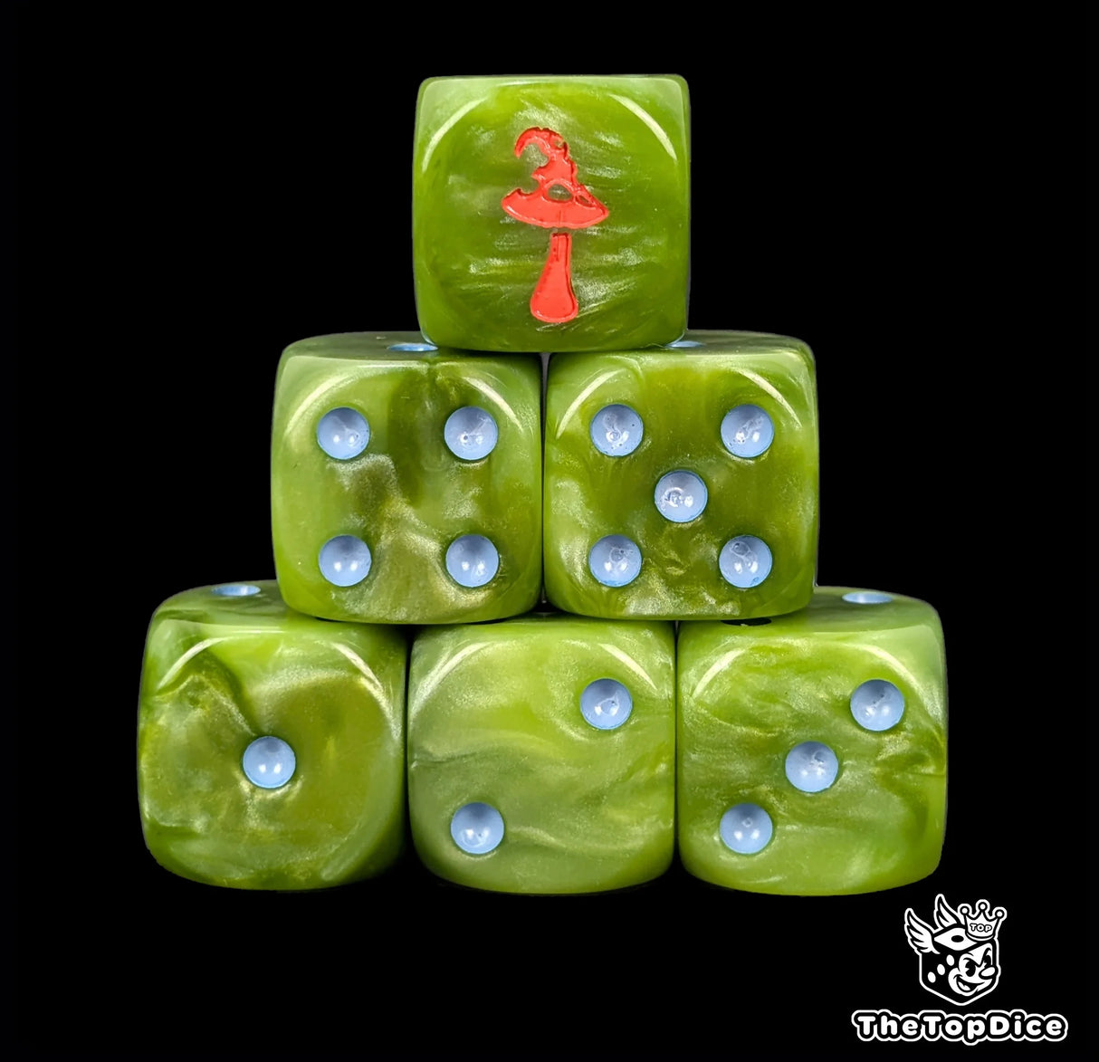 Close up of two green D6 with a red mushroom logo on the six face for fantasy football