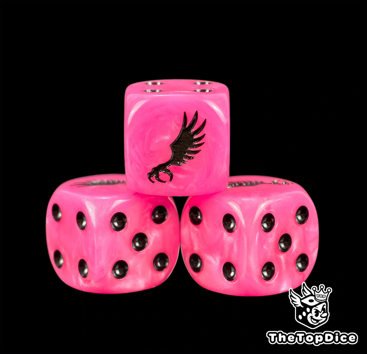 Three neon pink legion dice with a black winged claw on top
