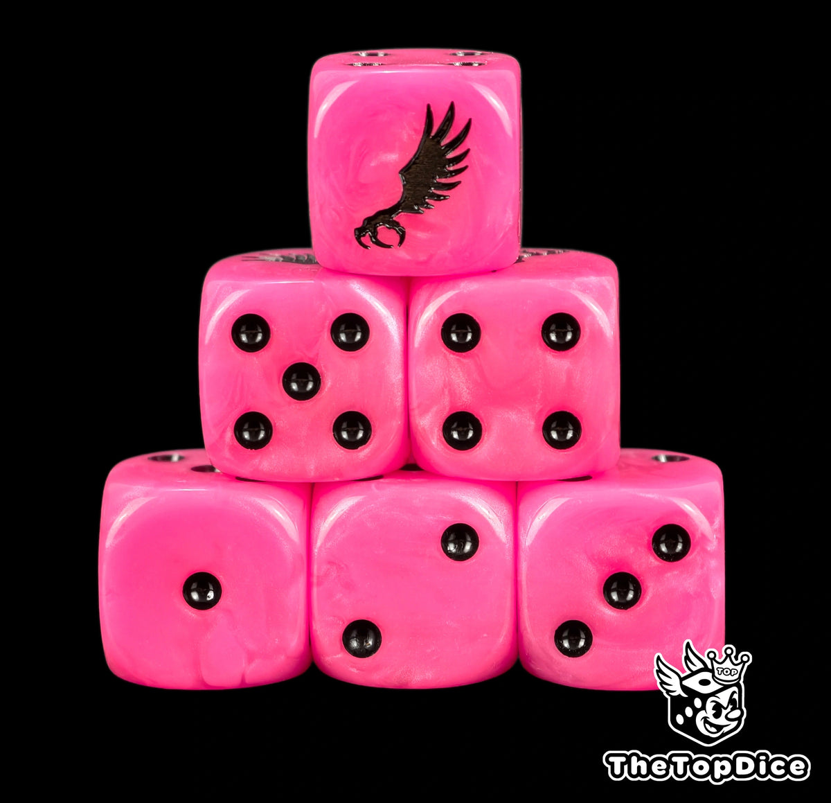 Six neon pink Emperor's Children D6, black pips and a winged claw