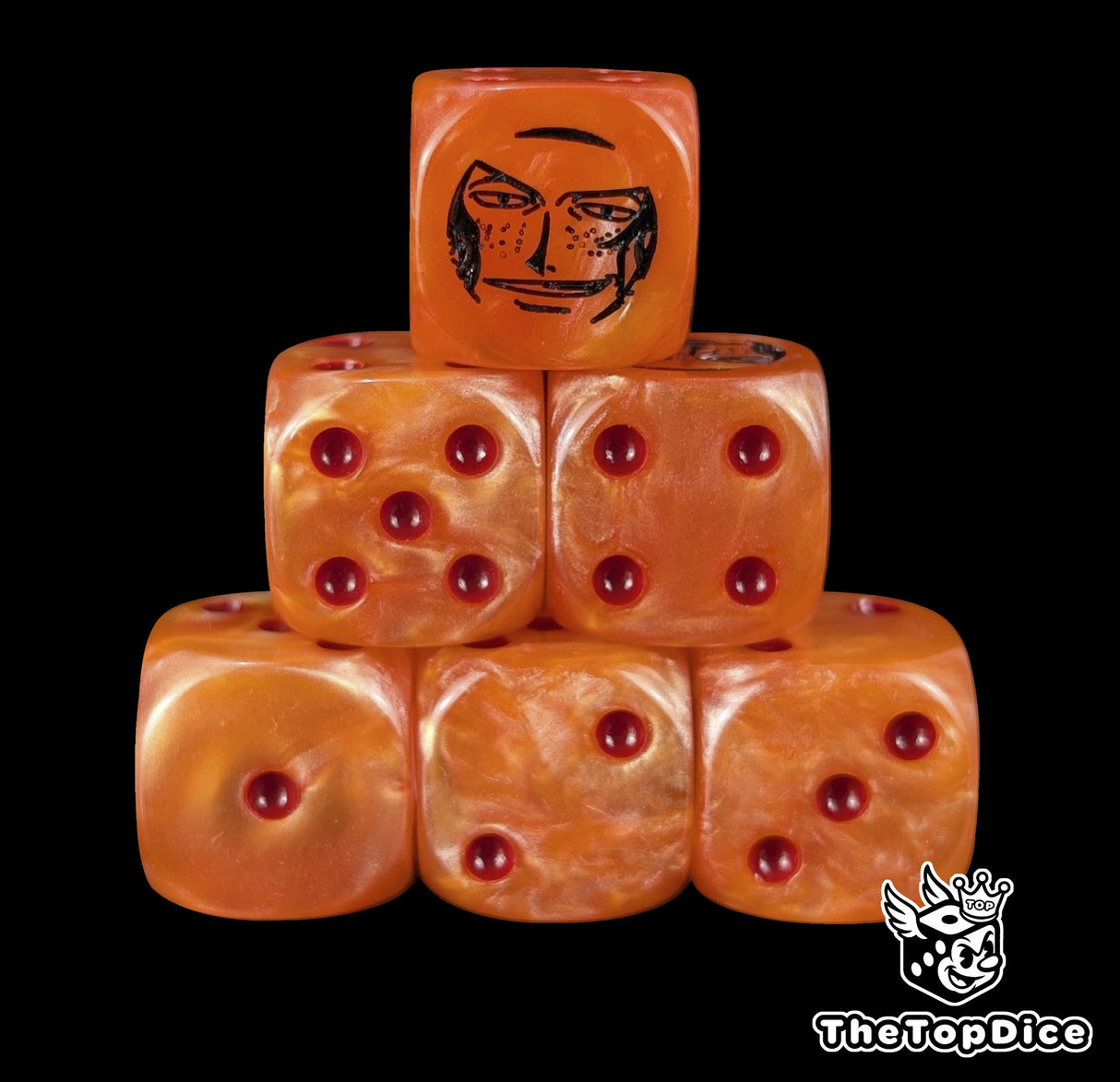 Orange 16mm D6 counter dice with a black pirate emblem and red pips for anime pirate TCG