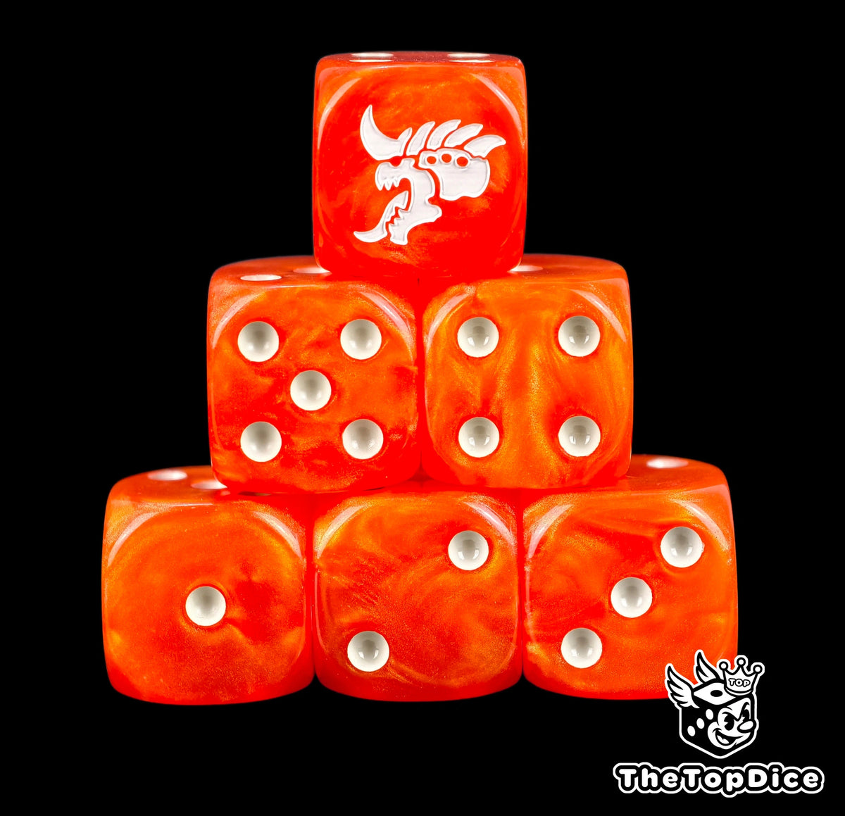 Six orange Tyranid D6 stacked, white pips and a white alien head