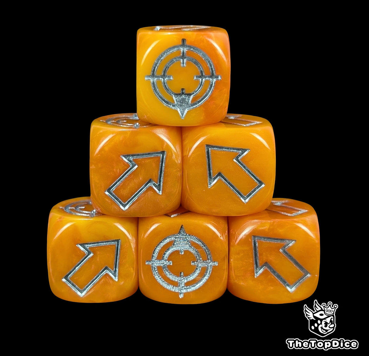 Orange 16mm scatter dice with silver arrows and hit faces for wargames