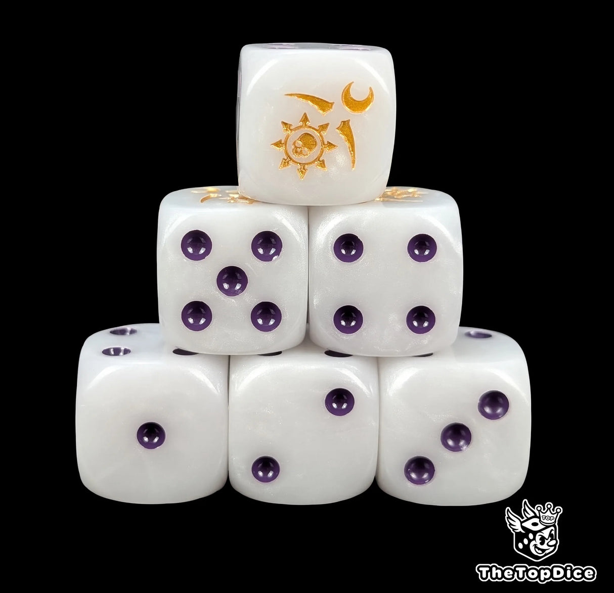 Pale white 16mm D6 dice with a gold moon and spiral emblem and purple pips for fantasy wargaming