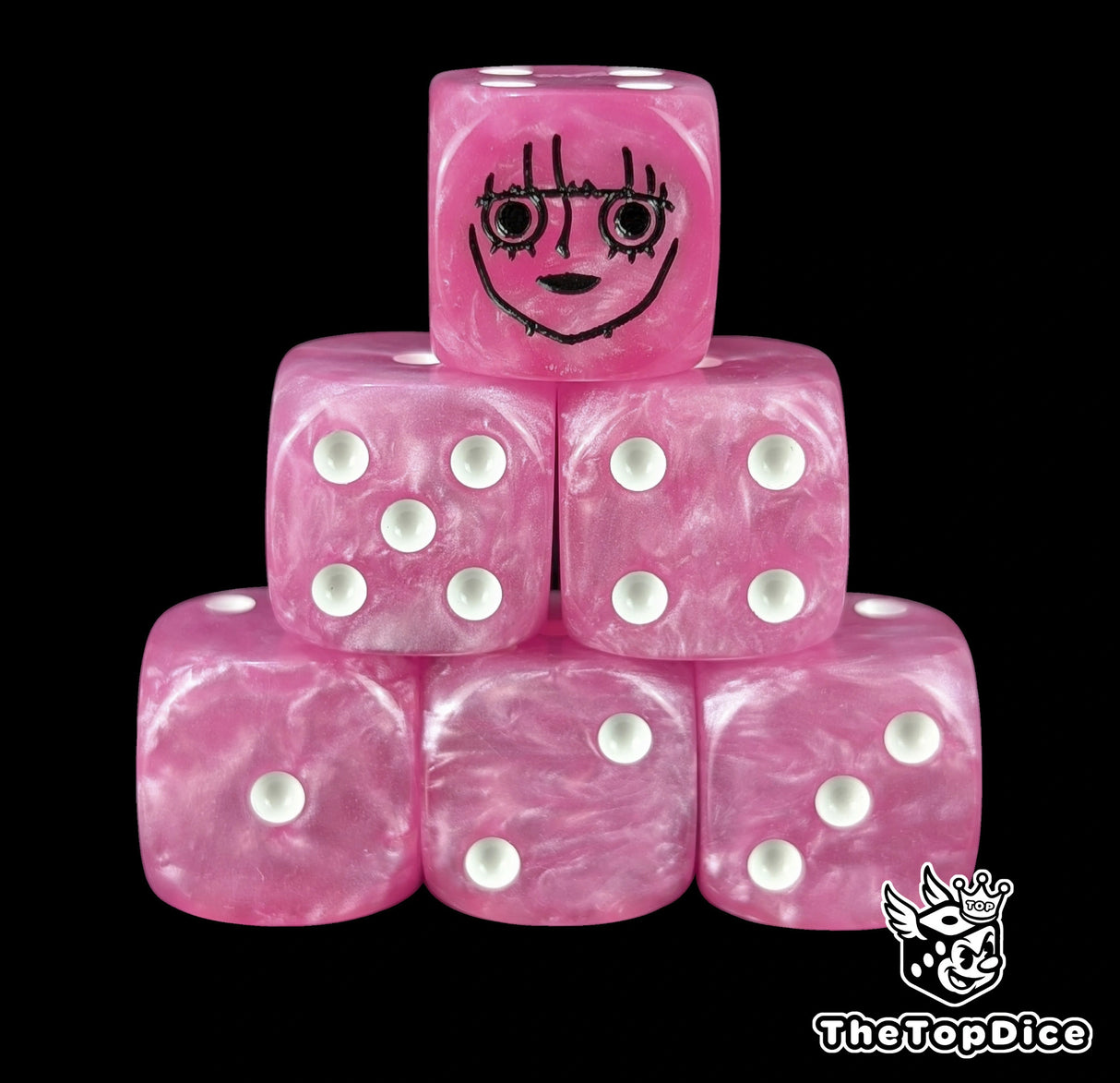 Pink 16mm D6 counter dice with a black ghost princess emblem and white pips for anime pirate TCG