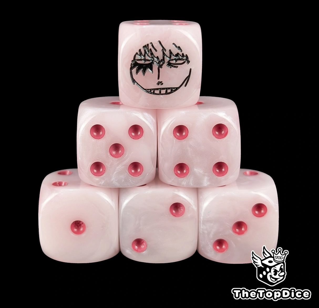Pink 16mm D6 counter dice with a black officer emblem and fuchsia pips for anime pirate TCG