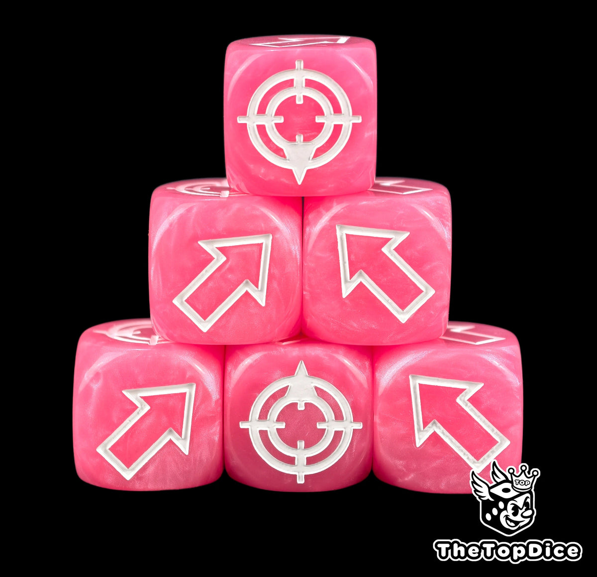 Hot pink scatter dice, six in shot, four arrow faces and two hit faces on display