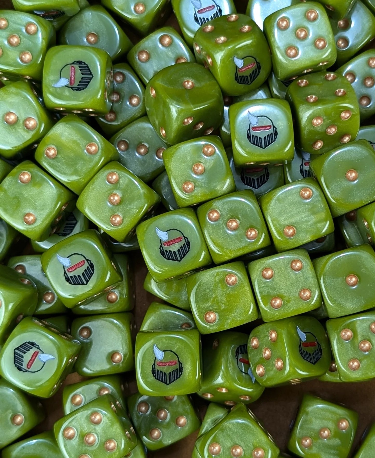 Pile of rotten green plague 16mm D6 dice for a sci-fi plague legion