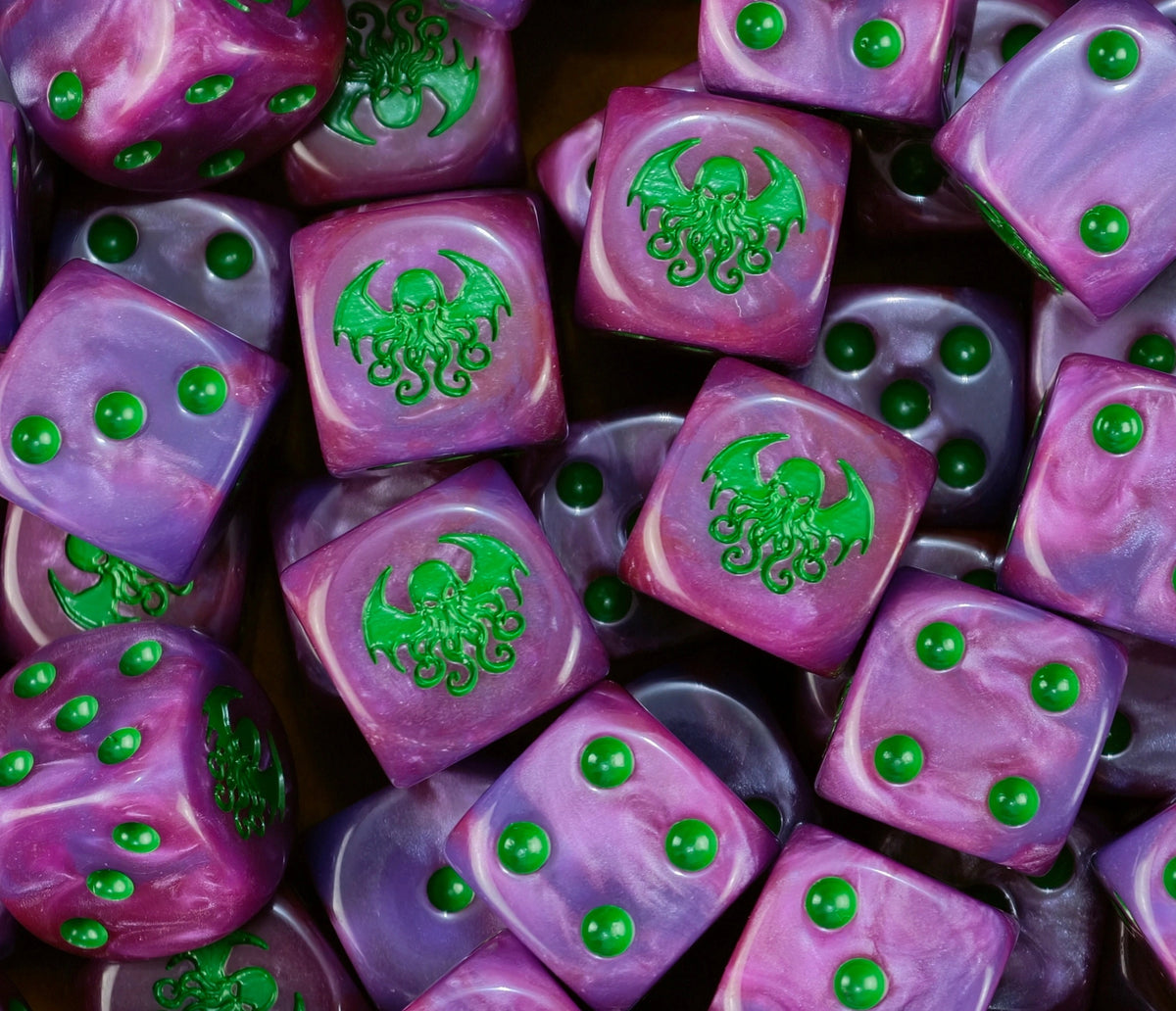 A pile of purple Cthulhu D6 with green pips and tentacled heads