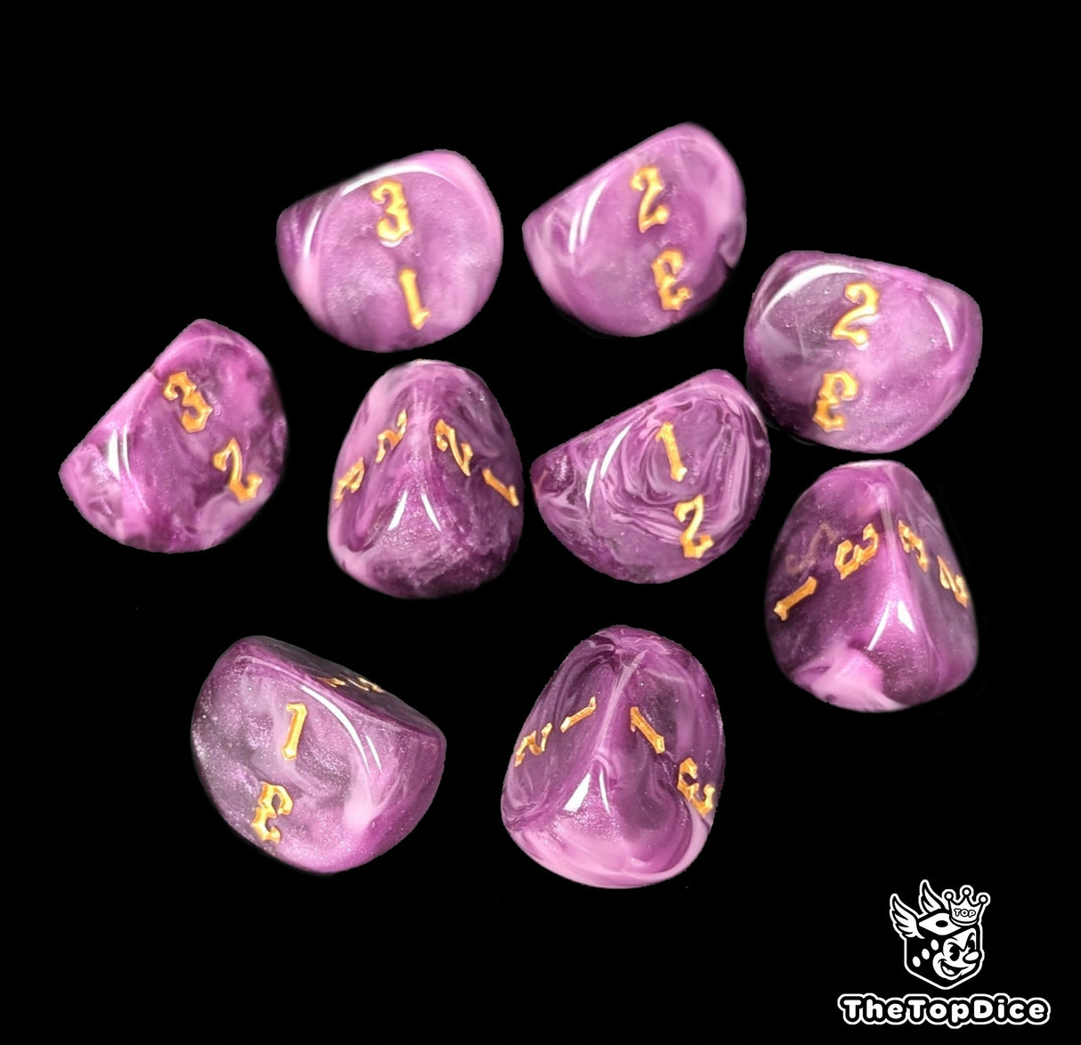 Purple and pink 16mm D3 dice with gold numbers 1 to 3 for tabletop and wargames