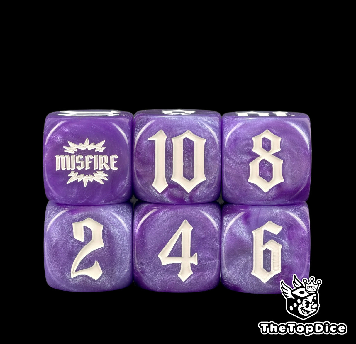 Purple artillery dice in a block of six, the whole face list readable at once