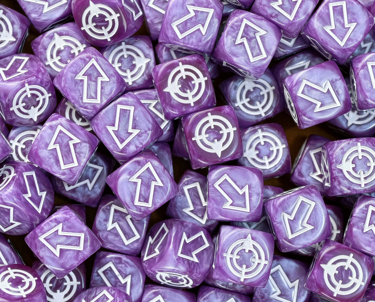 A dice tray loaded with purple and white scatter dice for artillery and random movement