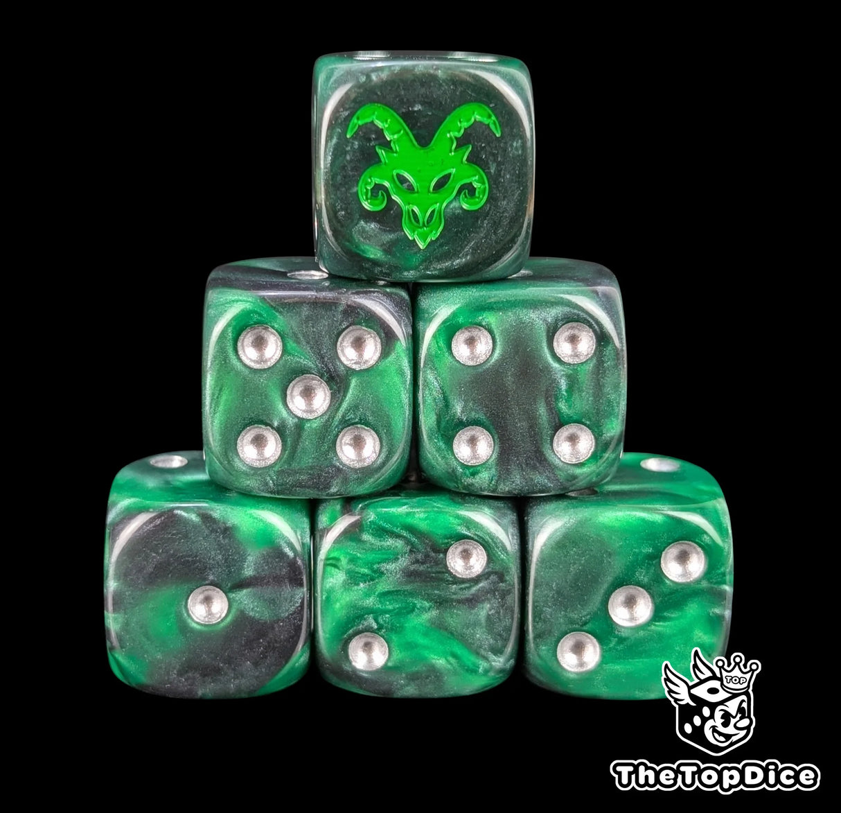 Green and black 16mm D6 dice with a green rat emblem and silver pips for fantasy wargaming