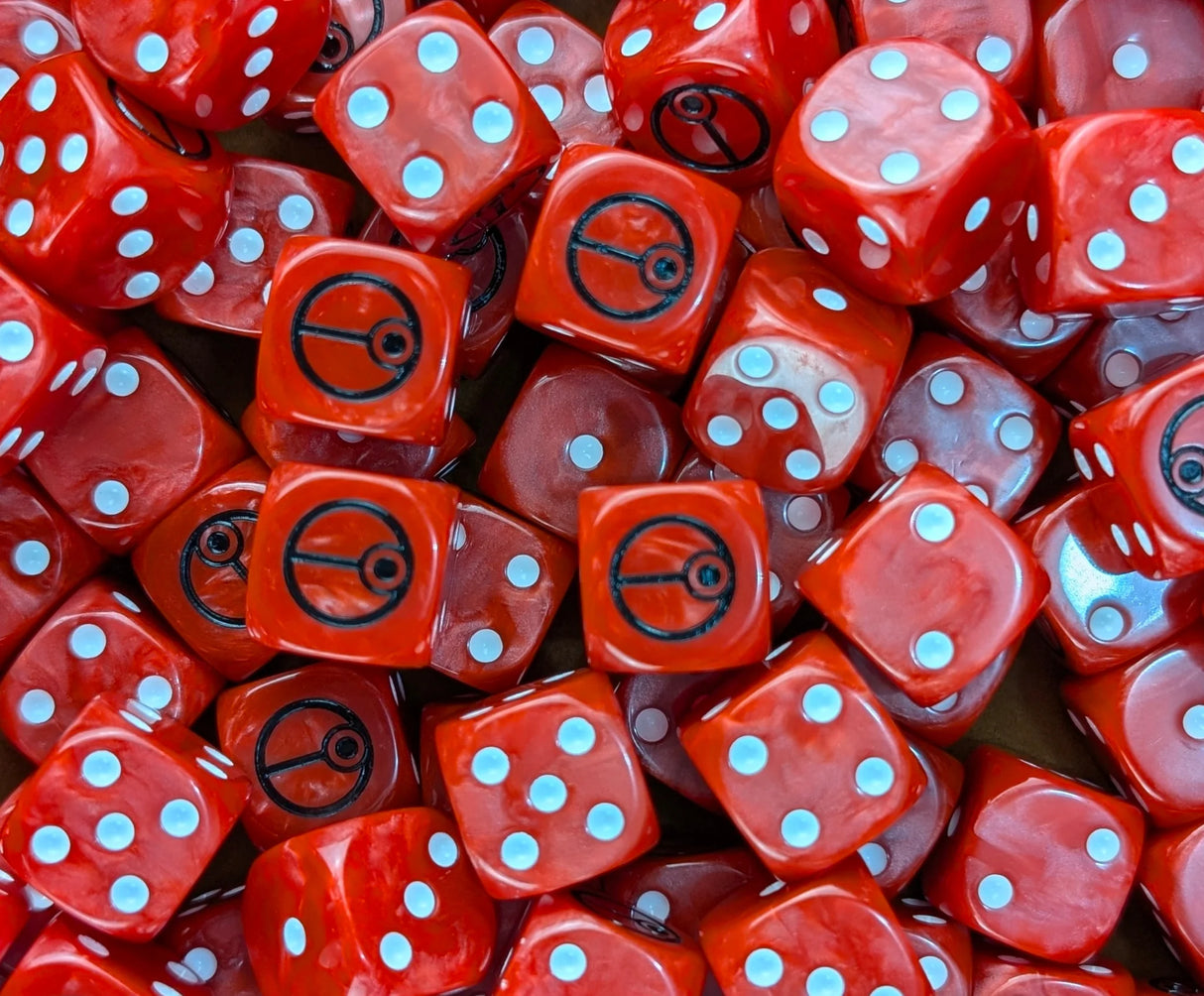 Pile of red 16mm D6 dice with black sigils for a sci-fi drone army