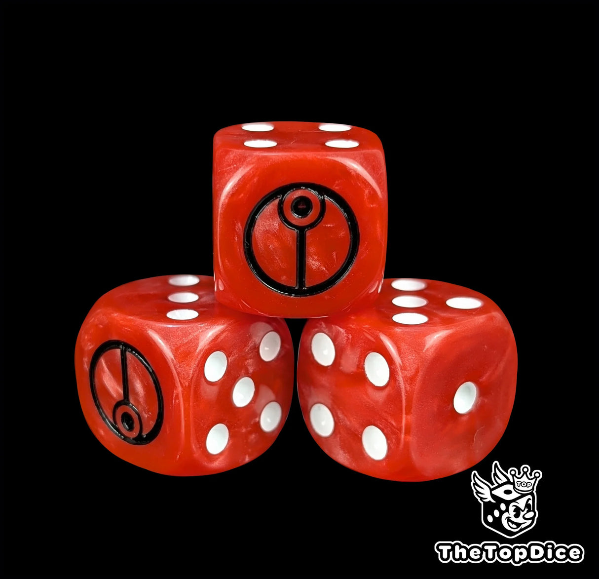 Close up of a red 16mm resin D6 die engraved with a black alien sigil and white pips