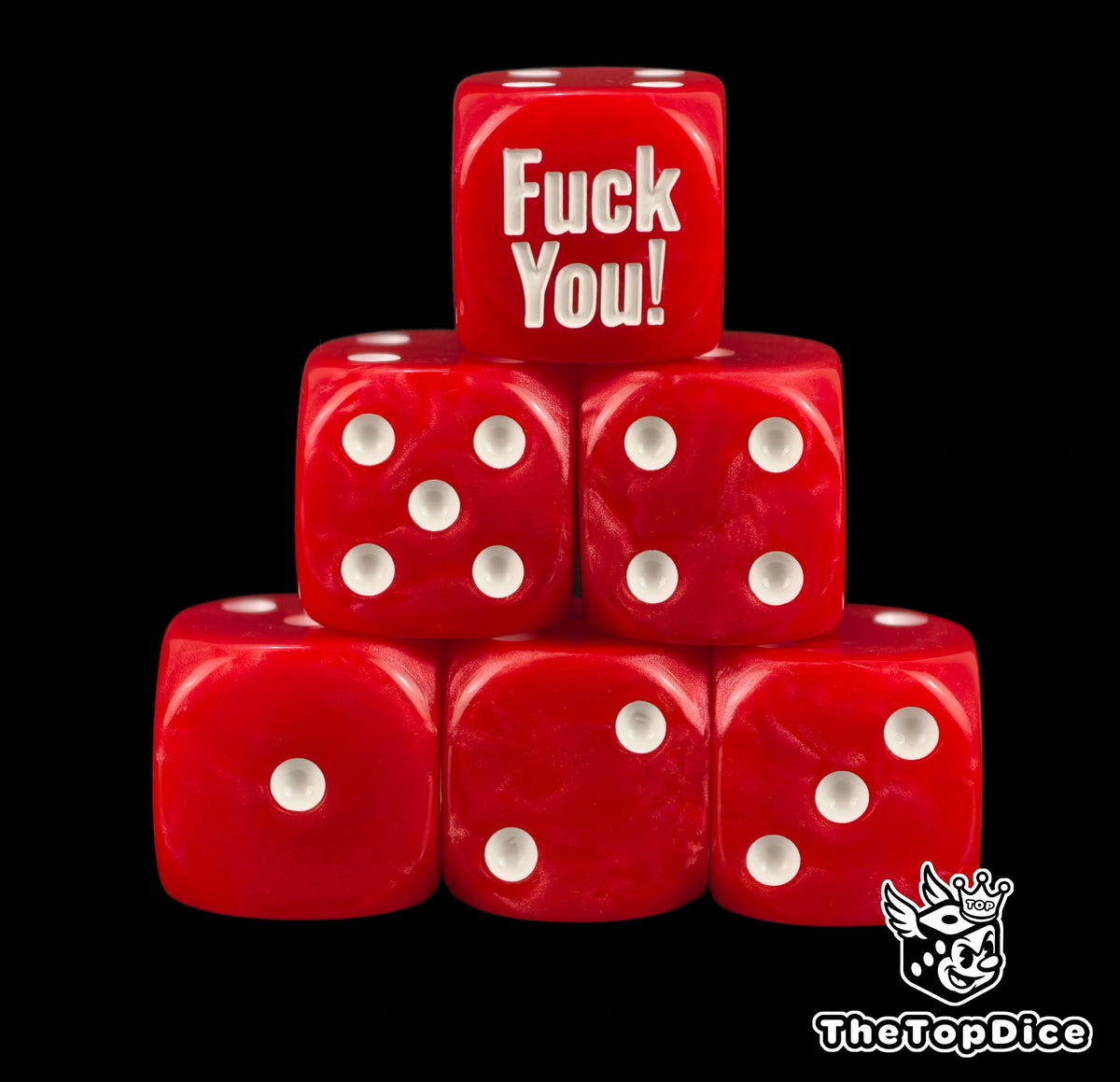 Six bright red meme D6 stacked, white pips and a Fuck You face