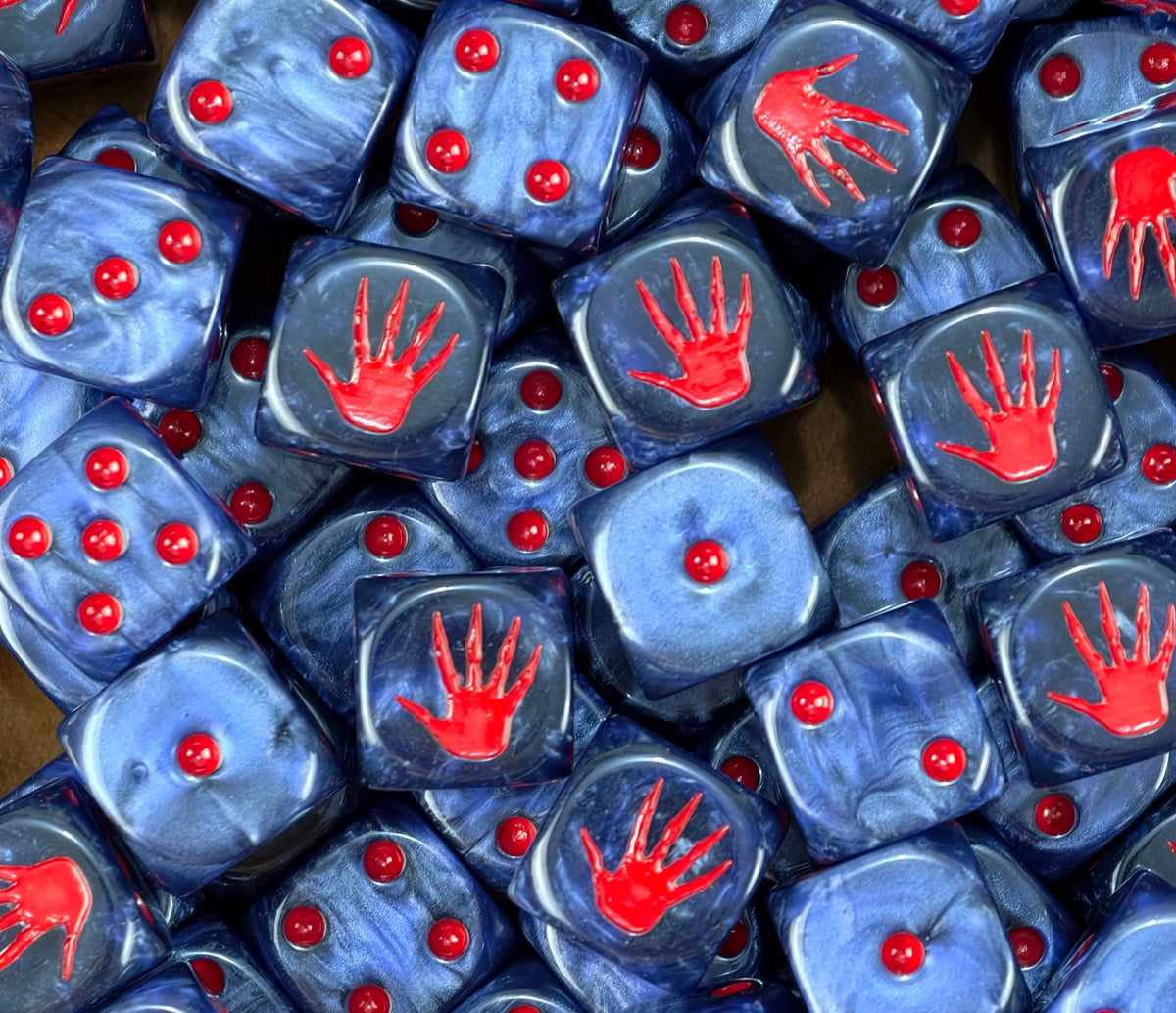 A pile of blue Night Lords D6 with red pips and red hand prints