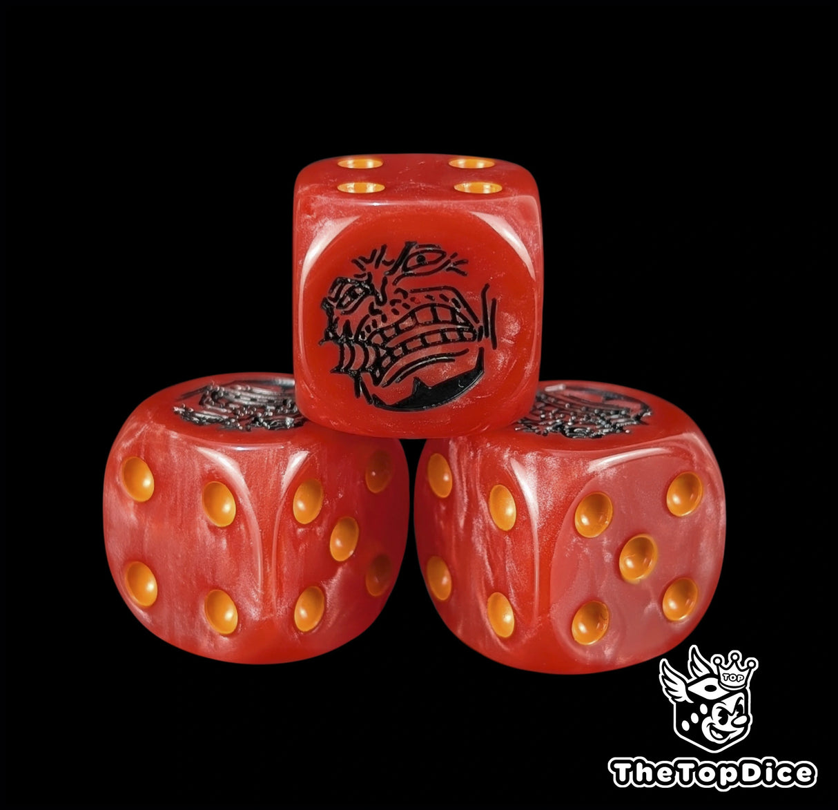 Close up of a red 16mm resin D6 die engraved with a black admiral emblem and orange pips