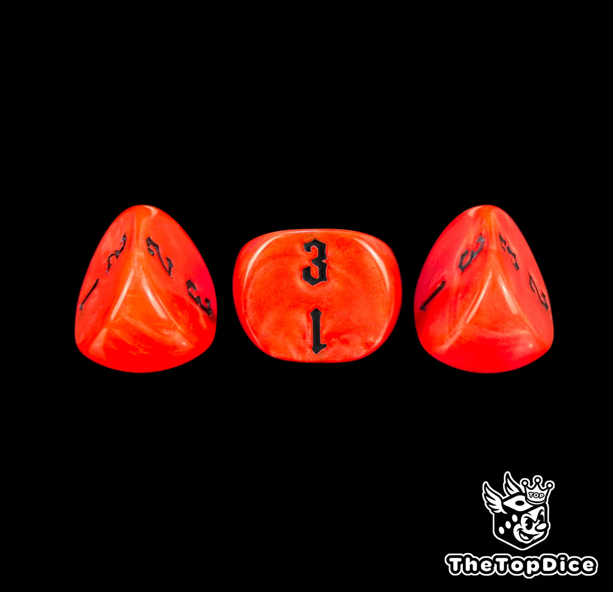 The black engraving on three neon red 16mm three sided dice, up close