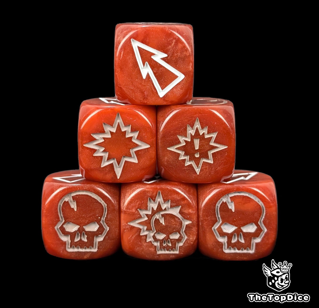 Close up of three red 16mm block dice with white pips for resolving blocks