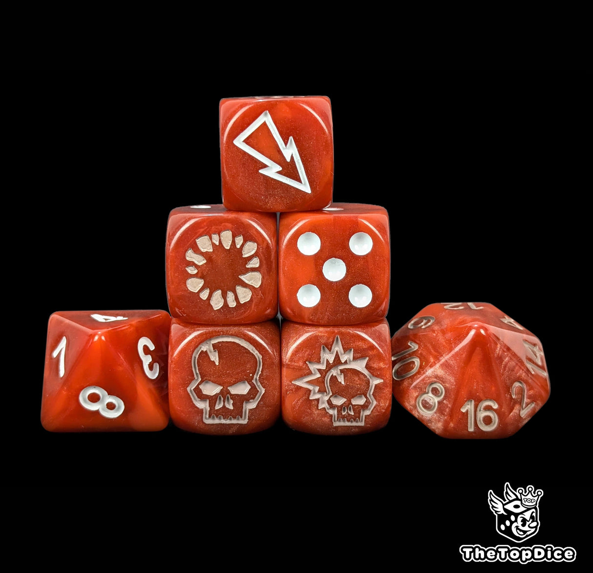 Red ogre fantasy football dice set of seven 16mm resin dice compatible with Blood Bowl