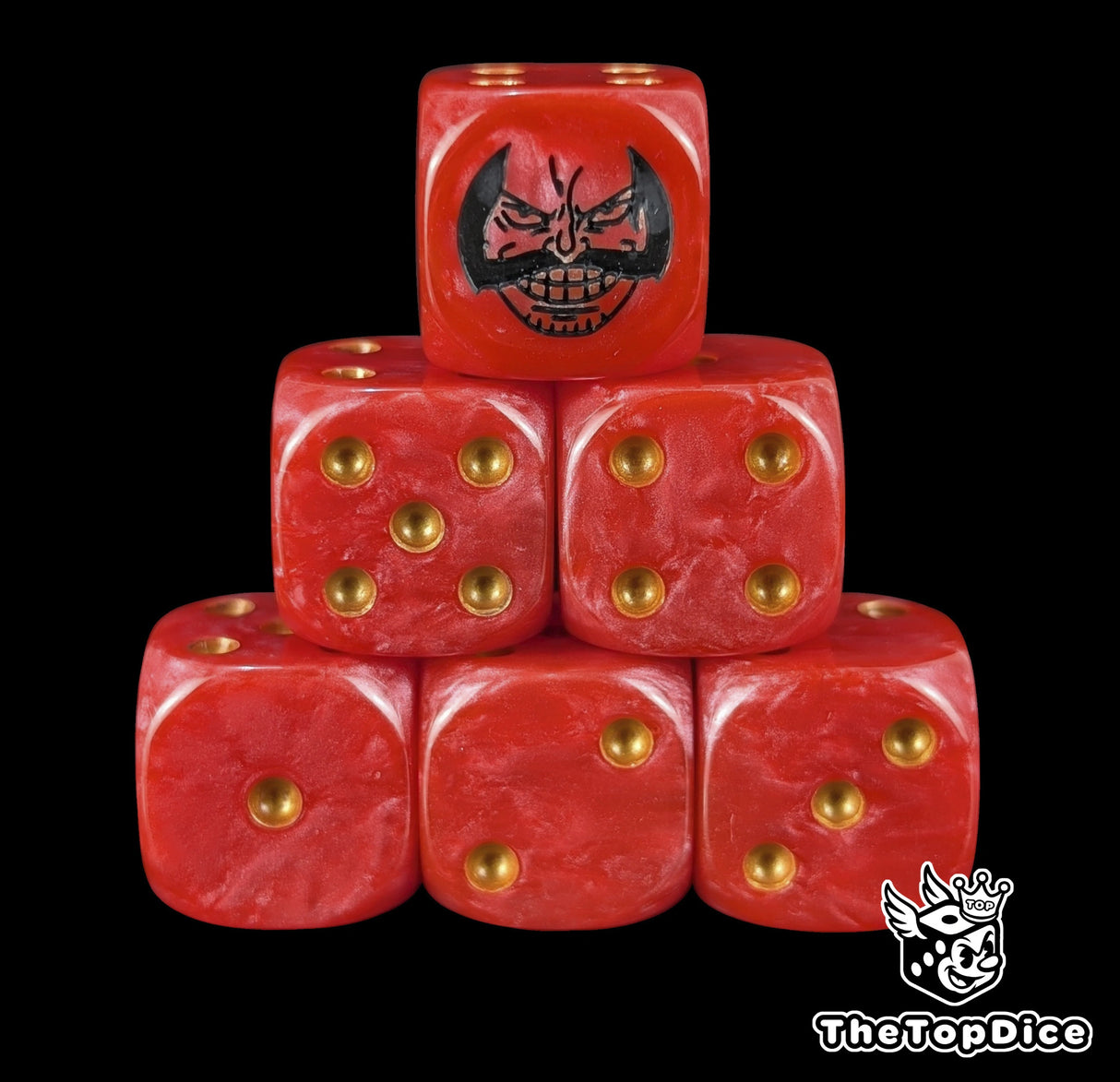 Red 16mm D6 counter dice with a black pirate king emblem and gold pips for anime pirate TCG